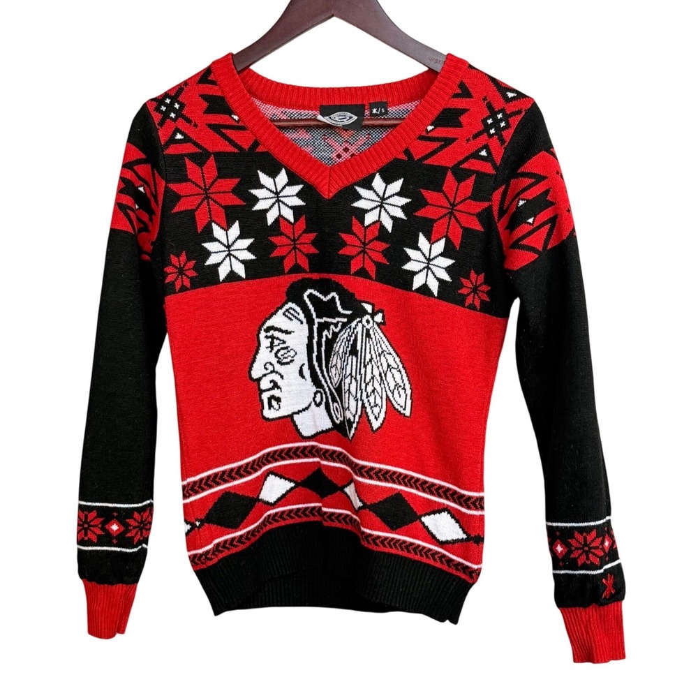 NHL Chicago Blackhawks Ugly Christmas Sweater Women Small Red Fair Isle V-Neck